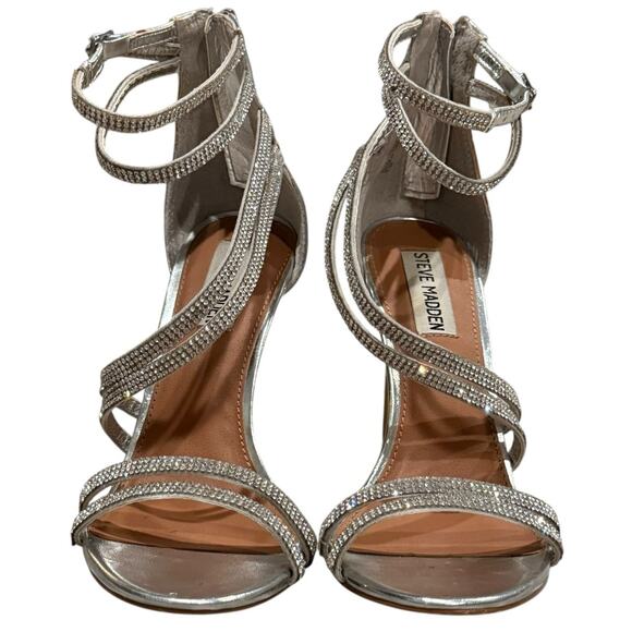 Steve Madden Fiffi Silver Heels Strappy Stiletto Open Toe Sandals Women's Size 6 - Picture 4 of 15